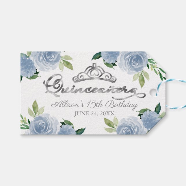 Silver Tiara Light Blue Blommigt Quinceanera Party Presentetikett (Framsidan (Horisontell))
