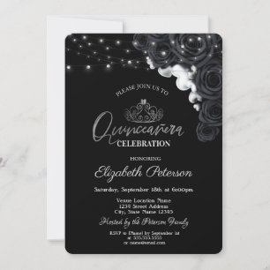 Silver Tiara,Lights Black Roses Quinceañera   Inbjudningar