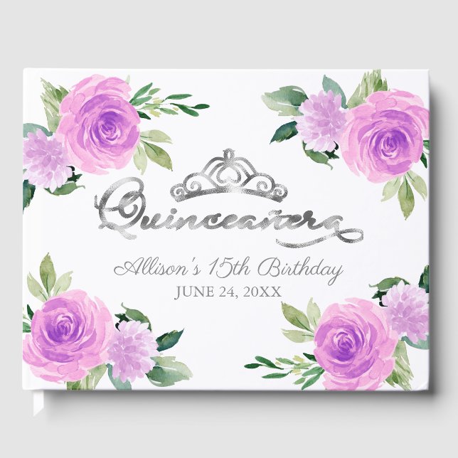 Silver Tiara Ljus Lila Blommig Quinceanera Gästböcker (Framsida)