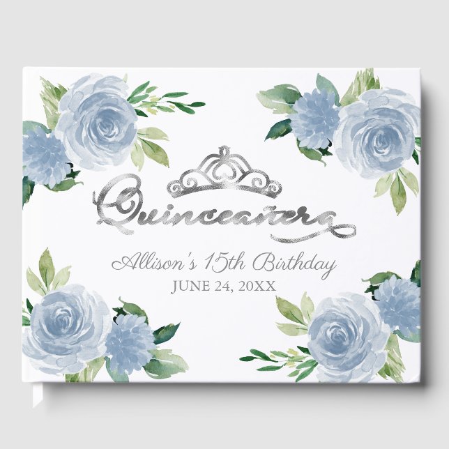 Silver Tiara Ljusblå Blommig Quinceanera  Gästböcker (Framsida)