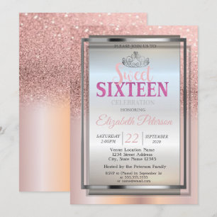 Silver Tiara, Rosa Guld Glitter Sweet 16 Fest Inbjudningar
