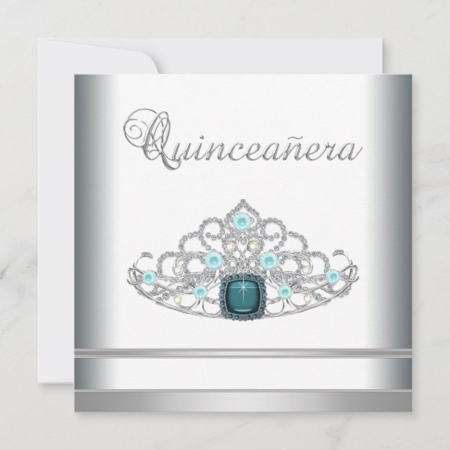 Silver Tiara Tealblå Quinceanera Inbjudningar (Framsida)