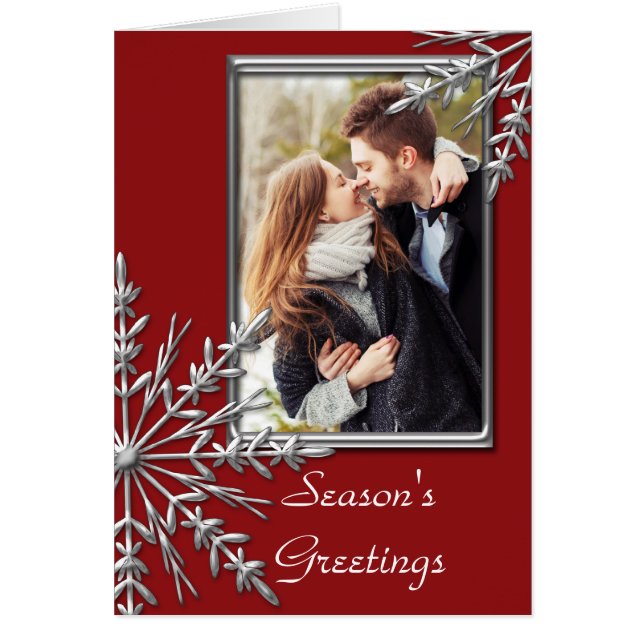 Silver Tone Snöflingor om Röda säsongens hälsninga Hälsningskort (Framsidan)