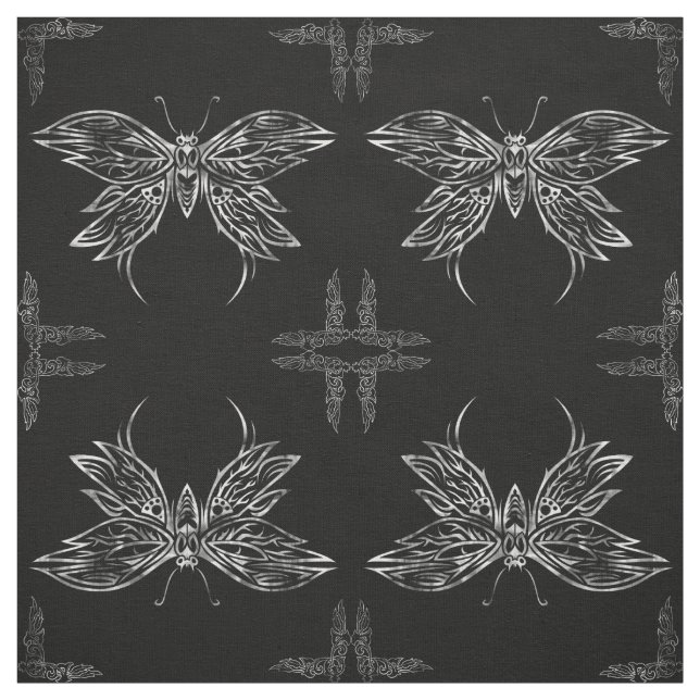 Silver Tribal Butterfly Goth Quilt Block Fabric Tyg (Provkarta)