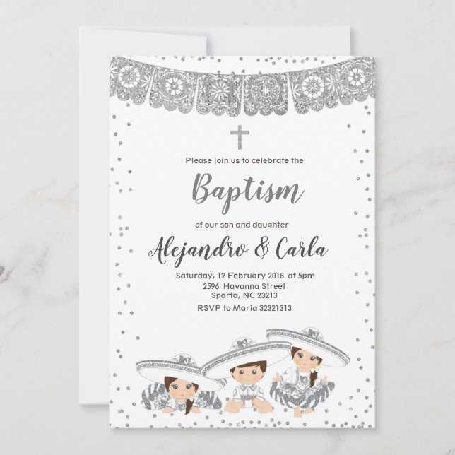 Silver Triplets Boy and Girl Baptism bjudande Inbjudningar (Framsida)