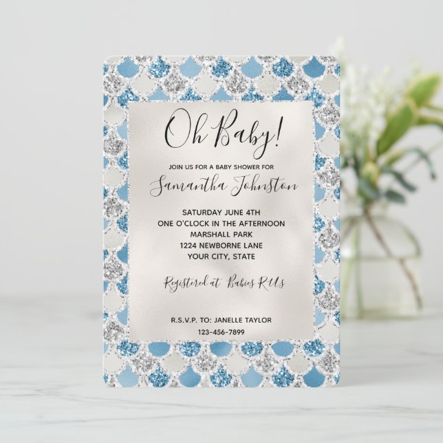 Silver Turkvoise Pearl Glitter Sjöjungfru Inbjudningar (Stående Fram)