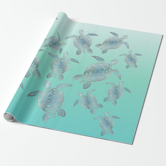 Silver Turquise Sea Turtles Coastal Mönster Presentpapper (Utrullad)