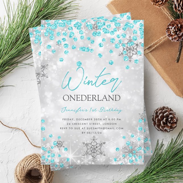 Silver Turquise Winter ONEDERLAND 1:a födelsedag Inbjudningar (Silver Turquoise Winter ONEDERLAND 1st Birthday Invitation)