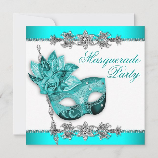 Silver Turquoise Blå Maskerad Festinbjudningar Inbjudningar (Framsida)