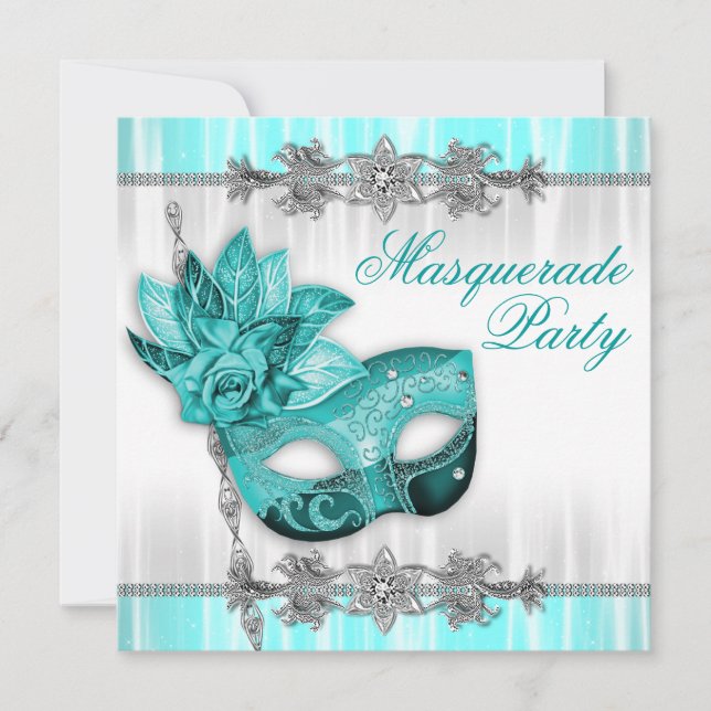 Silver Turquoise Blå Maskerad Festinbjudningar Inbjudningar (Framsida)