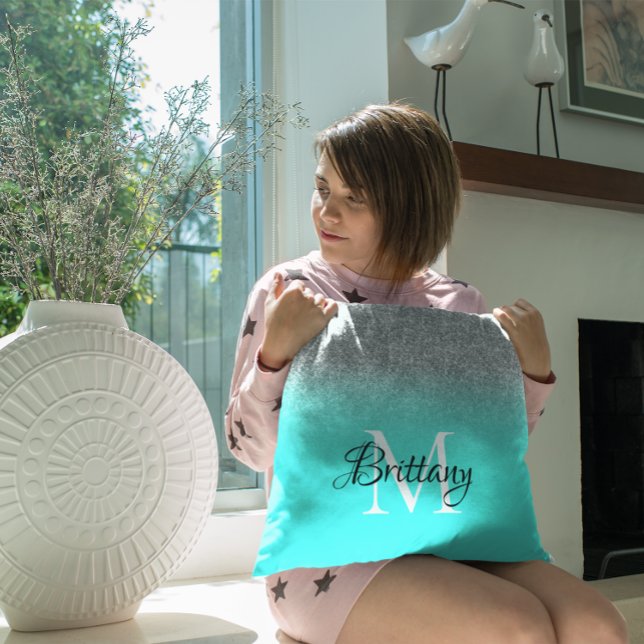 Silver Turquoise Glitter Ombre Monogram Kudde (Silver Glitter Turquoise Ombre Monogram Throw Pillow)