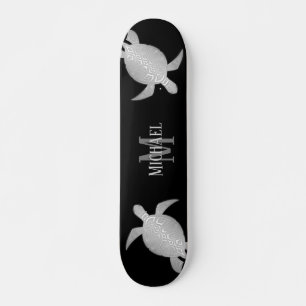Silver Turtle Tribal Black Background Monogram Mini Skateboard Bräda 18,5 Cm