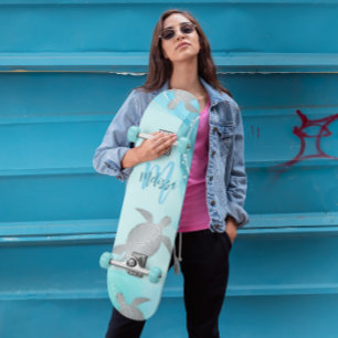 Silver Turtles Blue Marble Monogram Ditt namn Mini Skateboard Bräda 18,5 Cm