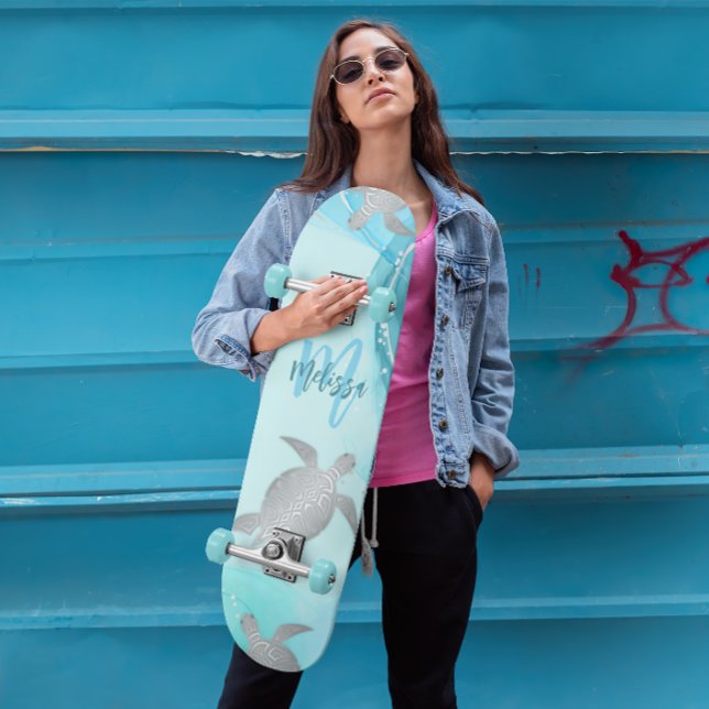 Silver Turtles Blue Marble Monogram Ditt namn Mini Skateboard Bräda 18,5 Cm (Skapare uppladdad)