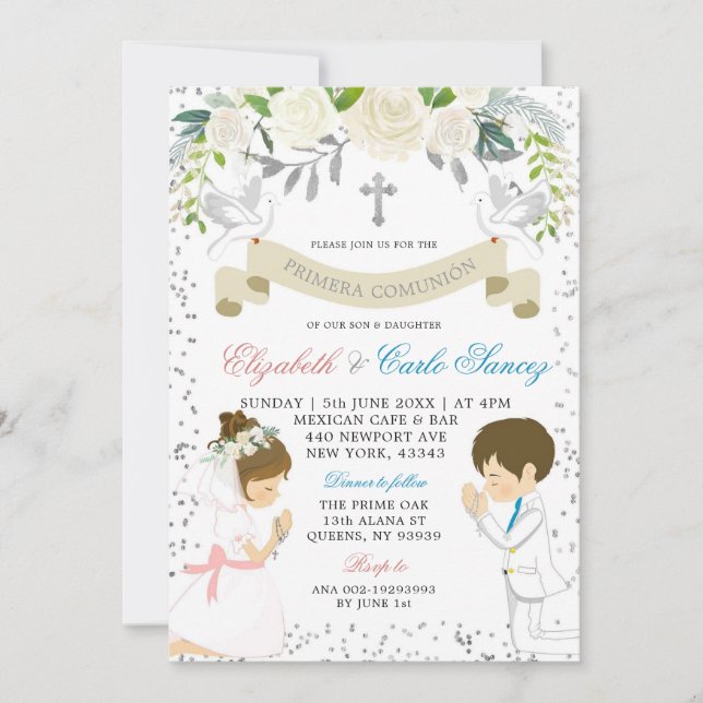 Silver Twin Boy Girl Kneel First Heliga Communion Inbjudningar (Framsida)