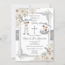Silver Twin Mexican Baptism Birthday Blommigt Inbjudningar