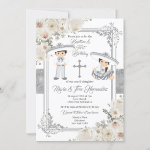 Silver Twin Mexican Baptism Birthday Blommigt Inbjudningar
