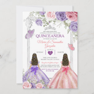 Silver Twin Princess Lila and Rosa Quinceañera Inbjudningar