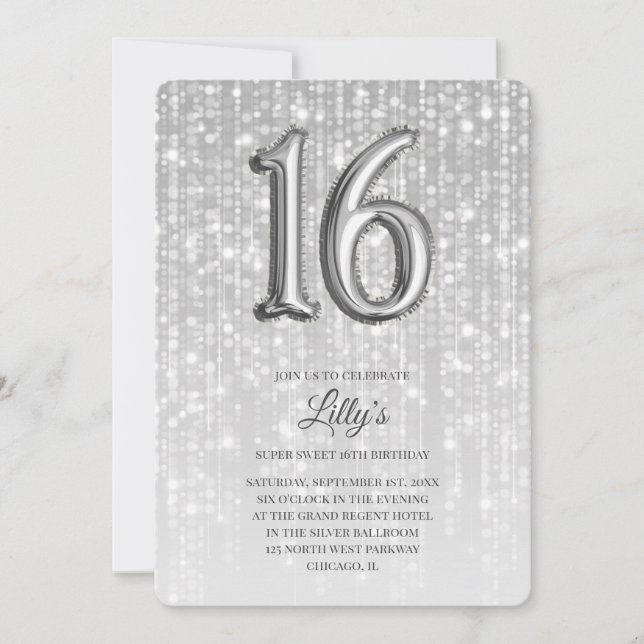 Silver Twinkle Ljus Foil Balloon 16:e födelsedagen Inbjudningar (Framsida)