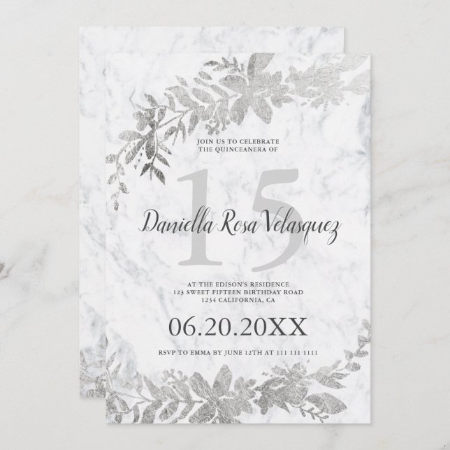 Silver typografi Blommigt vit marble quinceanera Inbjudningar (Fram/baksida)