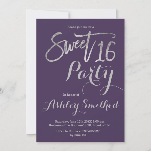 Silver typografi lila enkel Sweet 16 Inbjudningar (Framsida)
