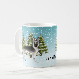 Silver Tysk Schäferhund Vinter Skog Med Namn Kaffemugg