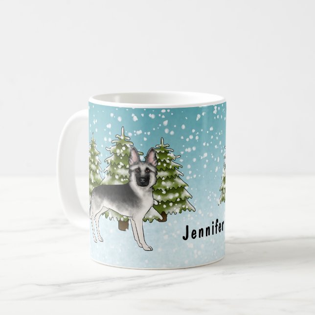 Silver Tysk Schäferhund Vinter Skog Med Namn Kaffemugg (Framsida vänster)