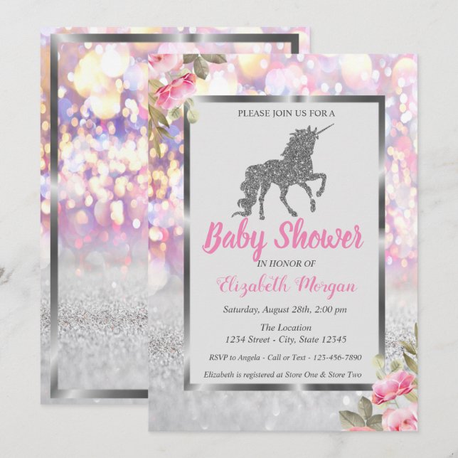 Silver Unicorn Bokeh,Blommigt Baby Shower Inbjudningar (Fram/baksida)