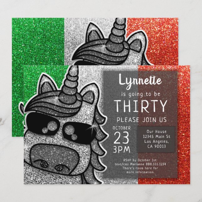 Silver Unicorn Glitter Italien Flagga italienska f Inbjudningar (Fram/baksida)