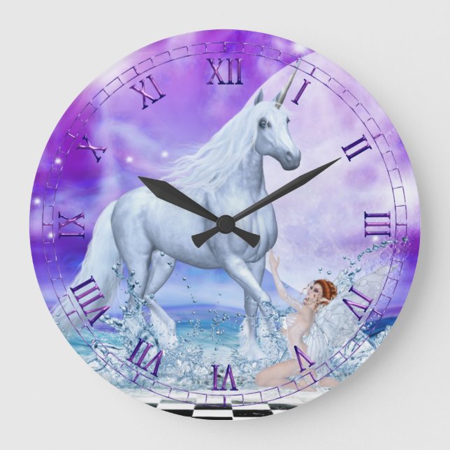 Silver Unicorn och Vatten Nymph Wall Clock Stor Klocka (Framsida)
