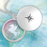 Silver Unicorn på Gnistra Berlockhalsband<br><div class="desc">Detta söt halsband har en glitterisk rosa,  teal och grönt bakgrund. I mitten finns en glansig enmajsbild från silver. Magiskt! Se till att se motsvarande öronringar i vår butik.</div>