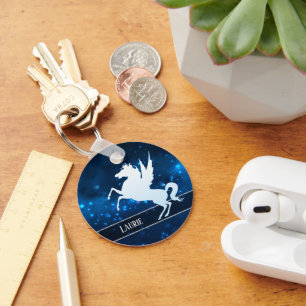 Silver Unicorn på Sparkly Blue Monogram Nyckelring