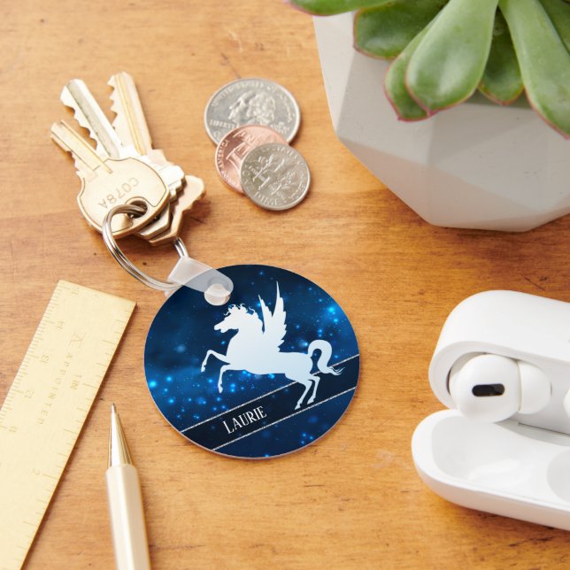 Silver Unicorn på Sparkly Blue Monogram Nyckelring (Skrivbord)