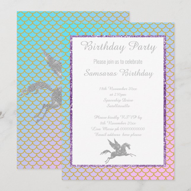 SILVER UNICORN PASTEL SJÖJUNGFRU MÖNSTER BIRTHDAY INBJUDNINGAR (Fram/baksida)