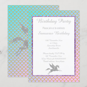 SILVER UNICORN PASTEL SJÖJUNGFRU MÖNSTER BIRTHDAY INBJUDNINGAR