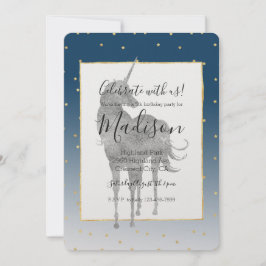 Silver Unicorn Shine Bright Guld Stars Birthday Inbjudningar
