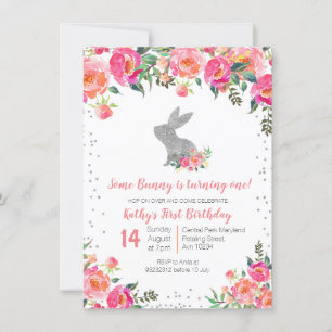 Silver Vår Bunny Birthday Blommigt Inbjudningar