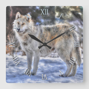 Silver Varg & Snö Wildlife Photo Clock Fyrkantig Klocka