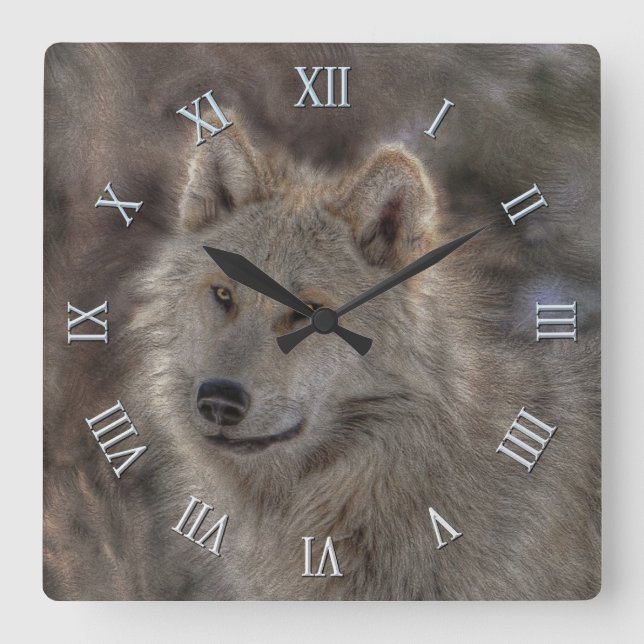 Silver Varg & Snö Wildlife Photo Clock Fyrkantig Klocka (Framsida)
