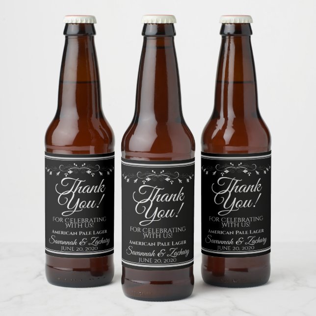 Silver vid Svarta Bröllop Beer Flaska Tack Ölflaska Etikett (Flaskor)