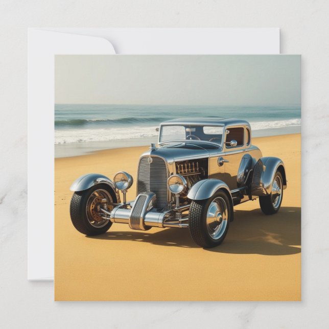 Silver vintage bil på stranden inbjudningar (Framsida)