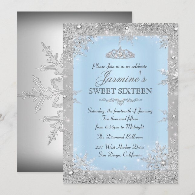 Silver Vinter Världens Blå Sweet 16 Inbjudan (Fram/baksida)