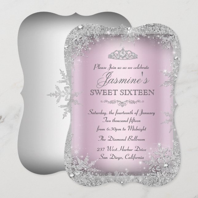 Silver vinterundret rosa Sweet 16 inbjudan 2 (Fram/baksida)