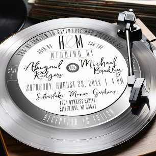 Silver Vinyl Record Monogram Unique Music Bröllop Inbjudningar
