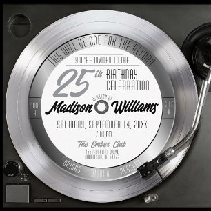 Silver Vinyl Skiva Retro 25-årsfirande Födelsedags Inbjudningar