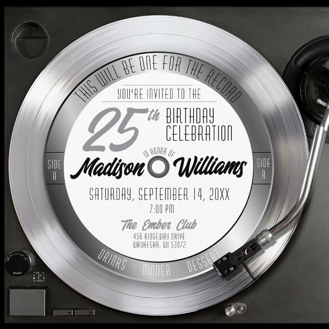 Silver Vinyl Skiva Retro 25-årsfirande Födelsedags Inbjudningar (Retro silver vinyl record album unique round shape adult 25th birthday party invitation, black white)