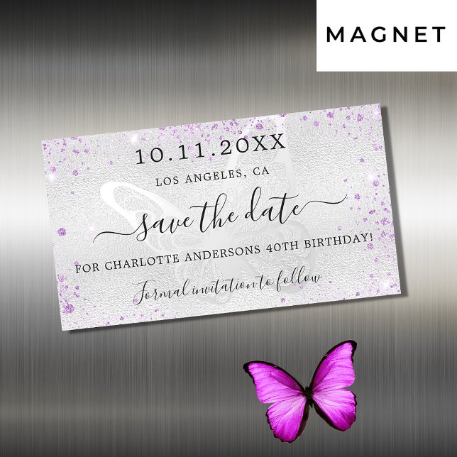 Silver violet fjäterfly spara date magnet (Skapare uppladdad)