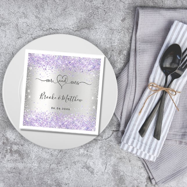 Silver violet glitter, mrs bröllop napkins pappersservett (Skapare uppladdad)
