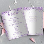 Silver violet lila bröllopsprogram inbjudningar<br><div class="desc">Ett modernt program/tidslinje för elegant bröllop. En faux silver-tittar bakgrund,  dekorerad med violett,  lavender färgad faux glitter. Anpassa och lägg till information om namn och bröllop. Violet färgad brev. Text på båda sidor.</div>