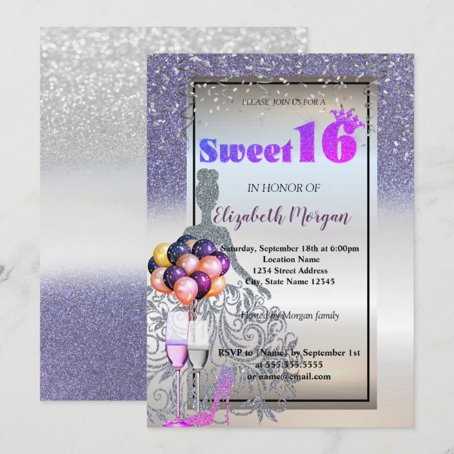Silver Violett Glittrande Klänning, Glas Sweet 16  Inbjudningar (Fram/baksida)